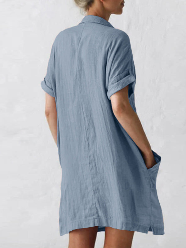Women's Cotton Linen Asymmetrical Mini Dress Plus Size Casual Shirt Dress Half Sleeve