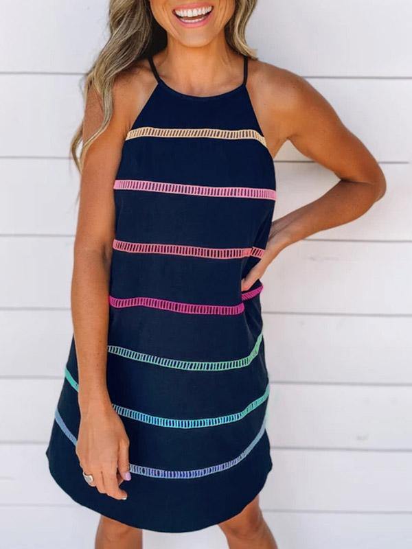 Women's Cotton Casual Rainbow  Pinstripe Midi Slip Dress - CHALIER