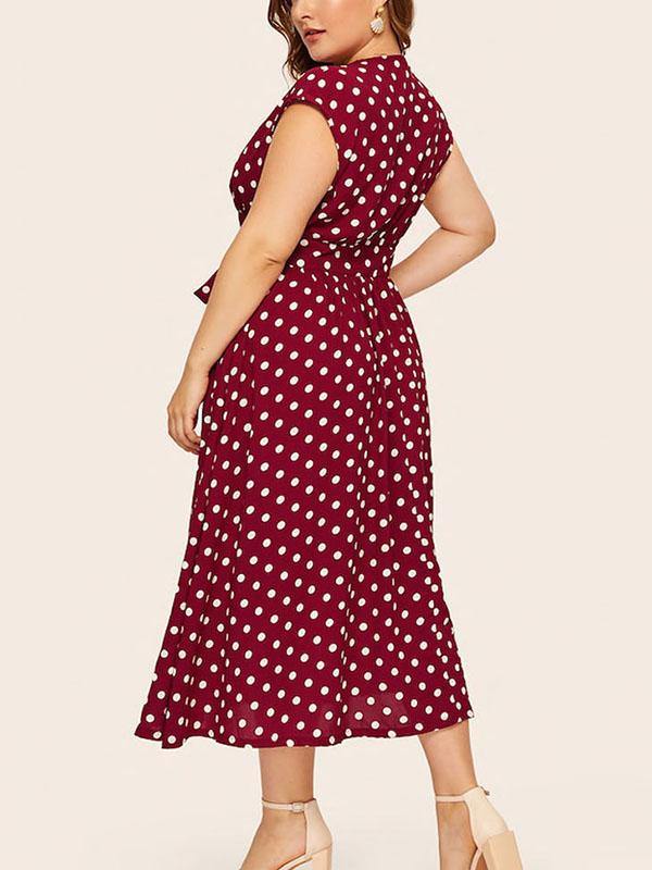 Women's Plus Size V-Neck Polka Dot A-line Dress - CHALIER