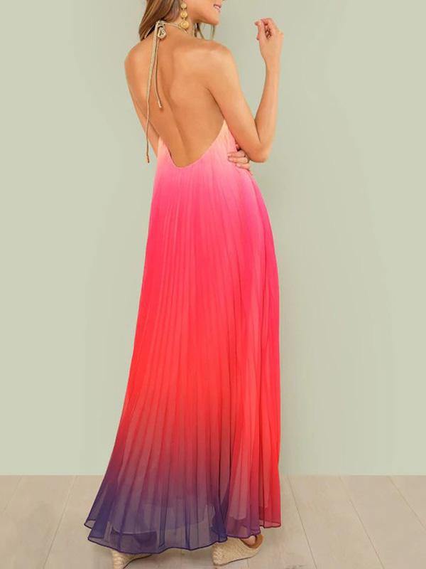 Women's Gradient Chiffon Pleated Maxi Pink Halter Dress Beach Holiday - CHALIER