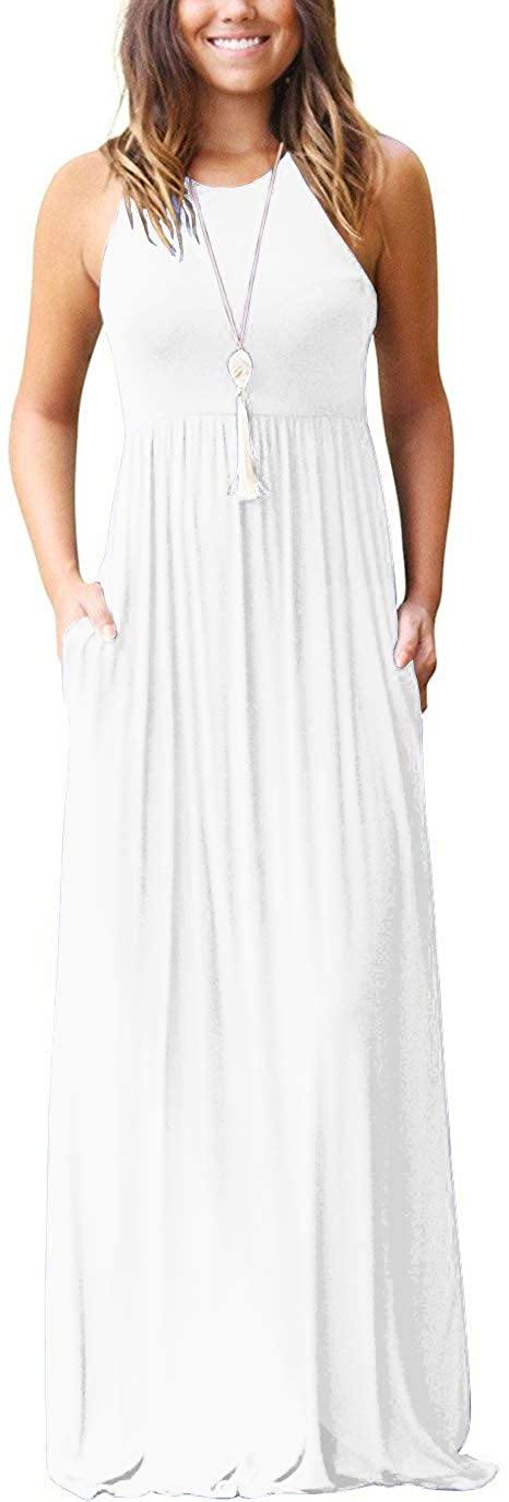 Women's Vest Beach Maxi Dress Sexy Pocket Soft Round-neck Dress - CHALIER