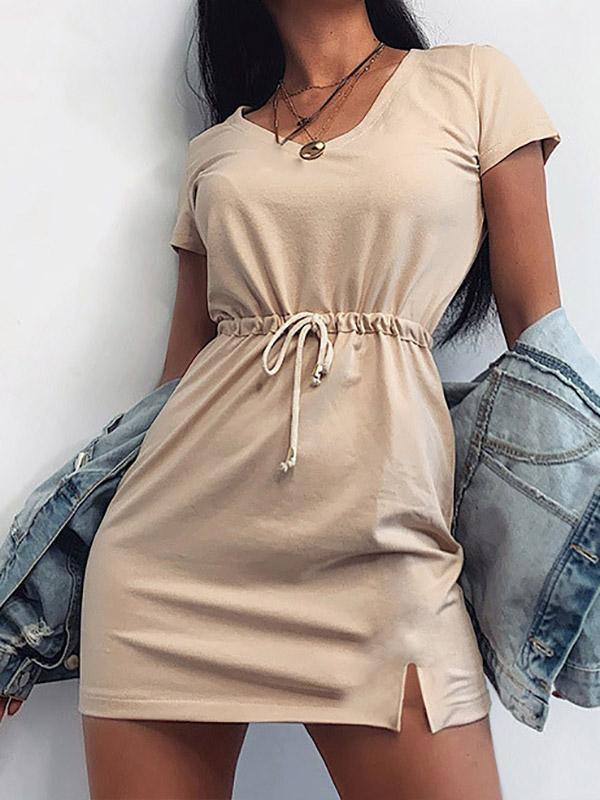 Women's Casual Drawstring A-line Short Sleeve V-Neck Mini Tee Dress - CHALIER