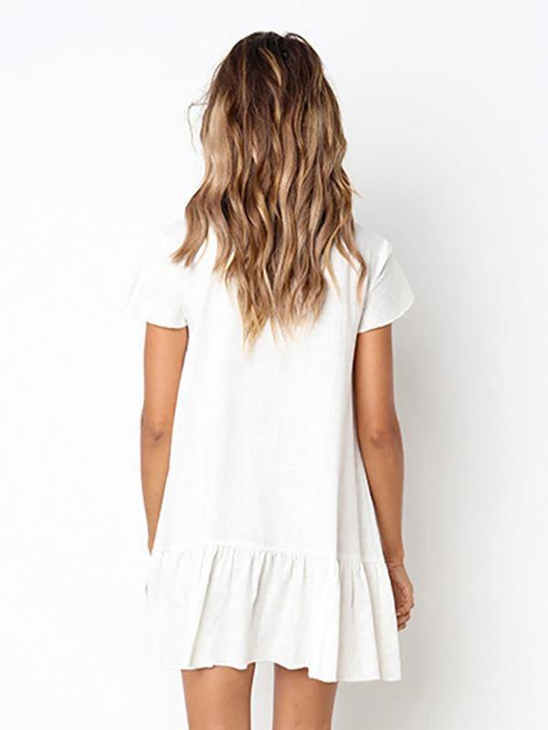 Women's Cotton and Linen Solid V-neck Loose Breathable Short Dress with Buttons - CHALIER