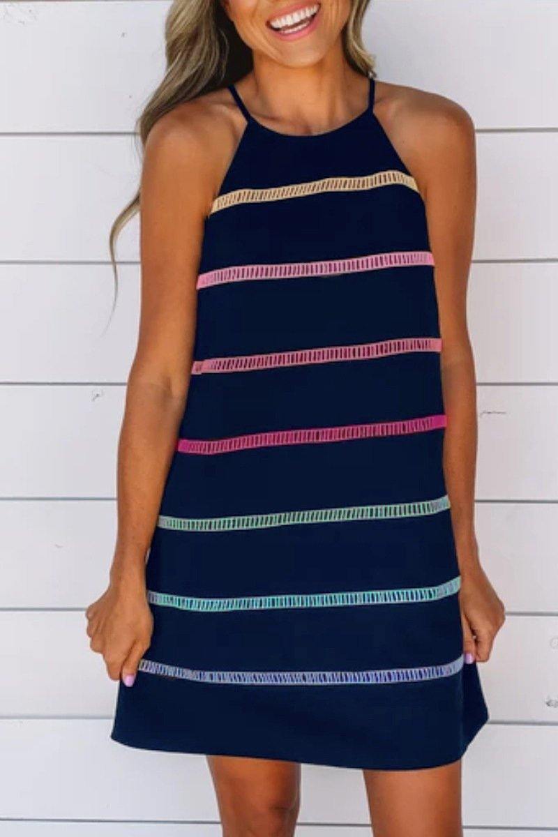 Women's Cotton Casual Rainbow  Pinstripe Midi Slip Dress - CHALIER