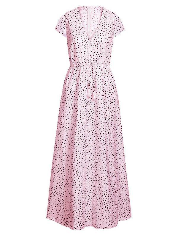 Polka Dots Short Sleeve V-Neck Boho Maxi Dress Holiday - CHALIER