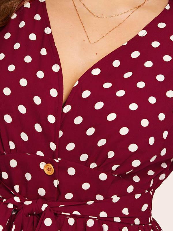 Women's Plus Size V-Neck Polka Dot A-line Dress - CHALIER