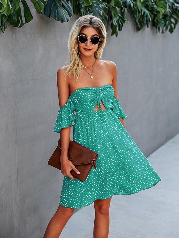Women's Sexy Strapless Backless Dress Vintage Polka Dots Summer Midi Dress - CHALIER