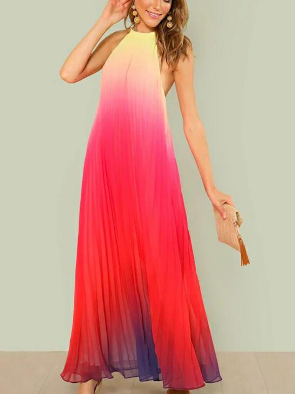 Women's Gradient Chiffon Pleated Maxi Pink Halter Dress Beach Holiday - CHALIER