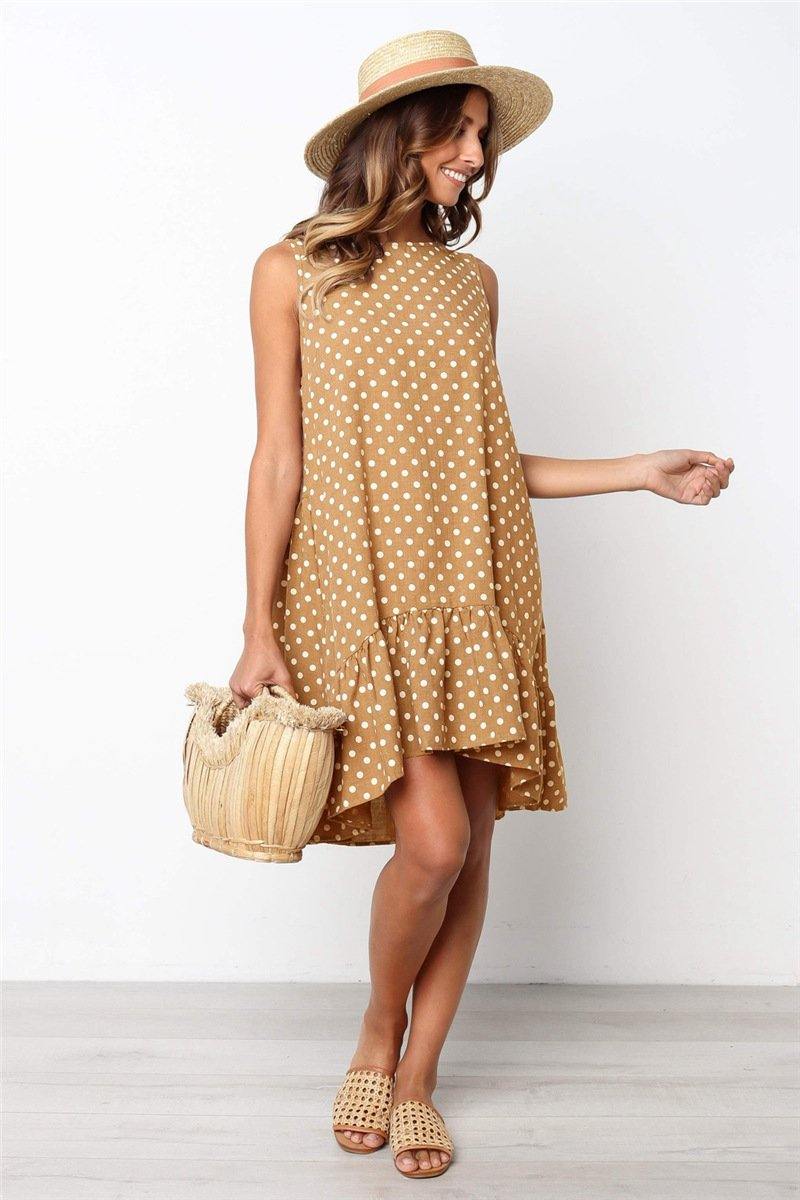 Women's Polka Dot Sleeveless Loose Flounced Dress Holiday - CHALIER