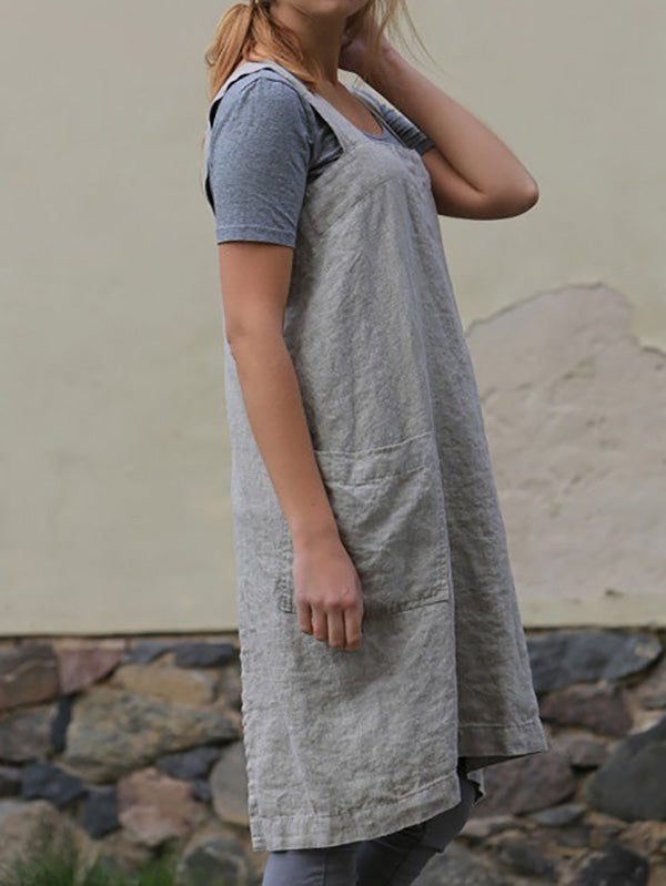 Womens Cotton Linen Loose Apron Pinafore Dress Square Neck Plus Size