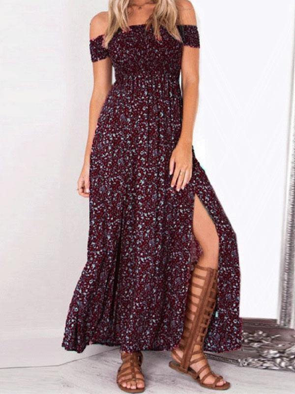 Women's Sexy Floral Print Off Shoulder Maxi Split Dress High Waist - CHALIER