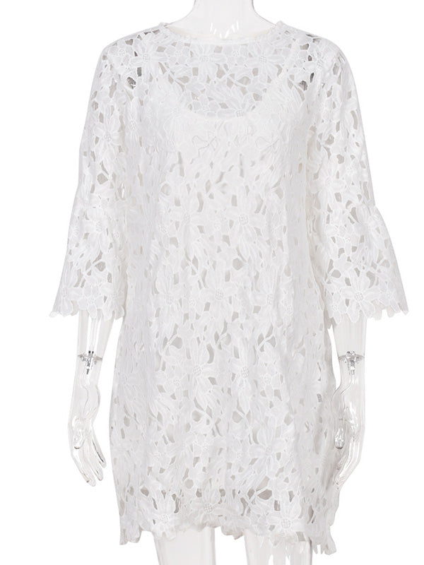 Women's Floral Lace Dress Crew Neck White Mini Dress Two Piece
