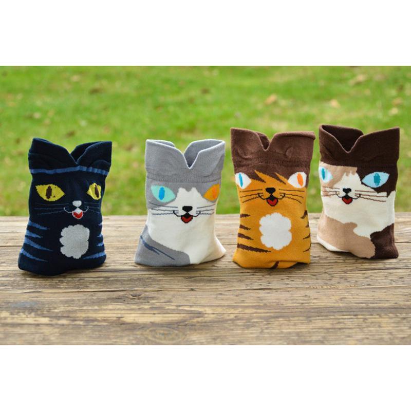 Womens Cute Stretch Breathable Funny Socks Soft Warm Animals Crew Socks Cat Pattern 4 pairs - CHALIER