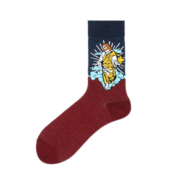 Chalier Mens Casual Crew Art Jesus Red Socks
