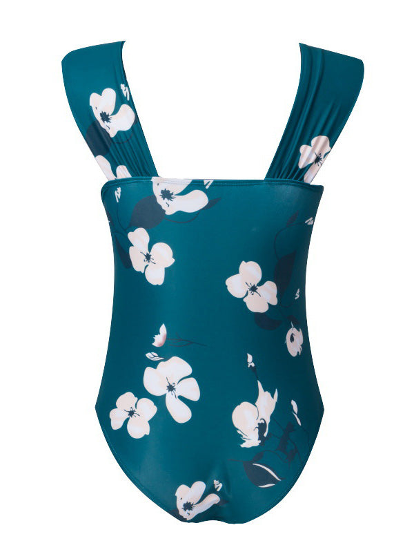 Women's One Piece Bikini Pleated Wide Strap Swimsuit Green