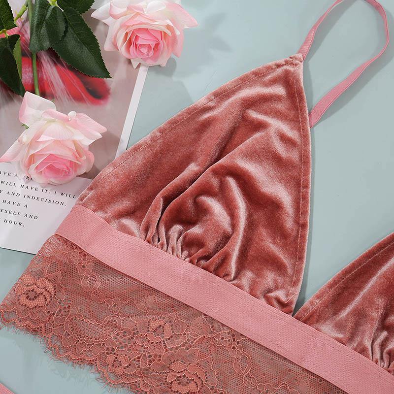 Womens Triangle Sexy Plus Size Bra and Panty Lace Velvet Soft Seamless Underwear Suits - CHALIER
