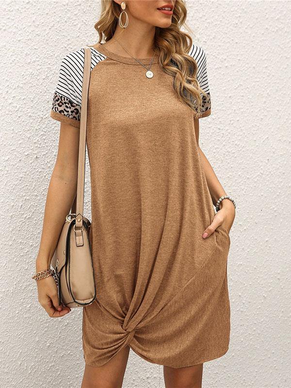 Women's Casual Leopard Printed Short Sleeved T-shirt Pocket Asymmetrical Dress - CHALIER