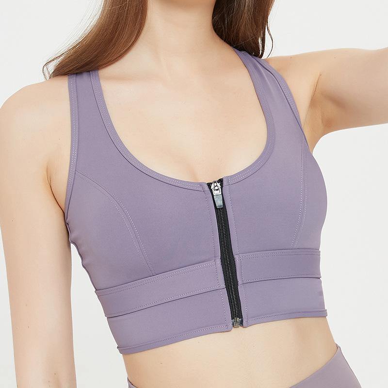 Womens Zip Front Sports Bra Wireless Bra Racerback Removable Pads Workout Active Yoga Sports Bra - CHALIER