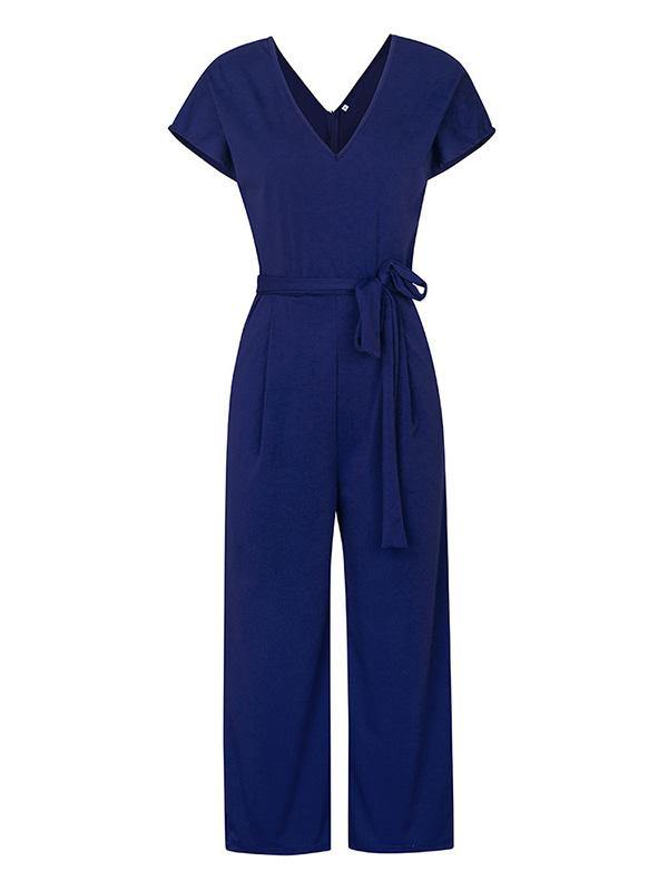Women's Elegant  High Waist V-Neck Short Sleeve Jumpsuit Solid Color - CHALIER
