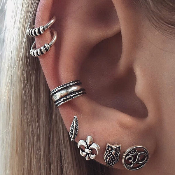 Female Bohemian 7PCS Hoops Women Silver Earrings