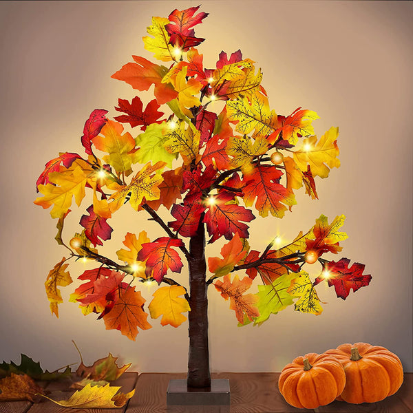 25 Inch Fall Lighted Maple Tree Decorations with Pumpkin Lights Artificial Fall Tree for Autumn Harvest Thanksgiving Party