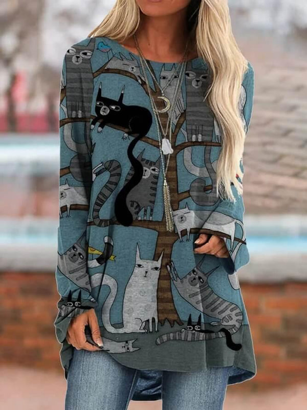 Women Blue Boho Cat Shirts & Tops - CHALIER