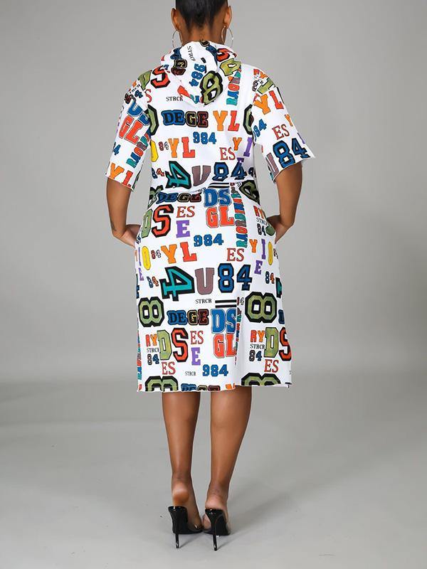 Women's Hooded Sweatshirt Midi Dress Loose Letters Prints Dress - CHALIER