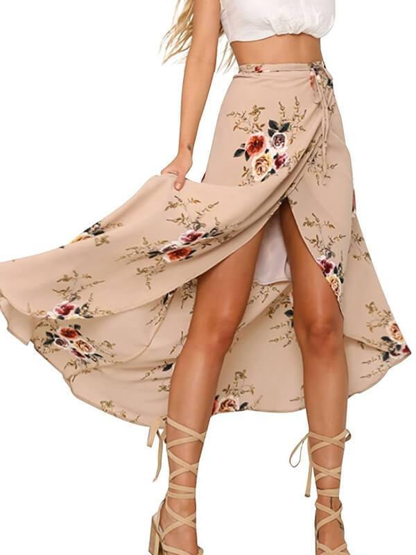 Womens Boho Floral Tie Up Waist Summer Beach Wrap Cover Up Maxi Skirt - CHALIER