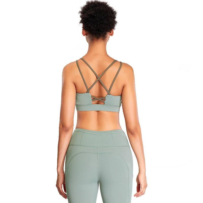 Women Sports Bra Criss-Cross Padded Bra Yoga Fitness Workout Running Top Set Leggings Tight - CHALIER