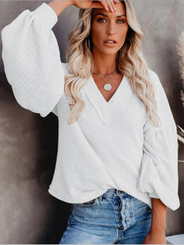 Women's Loose V Neck Knitted Lantern Sleeve Top - CHALIER