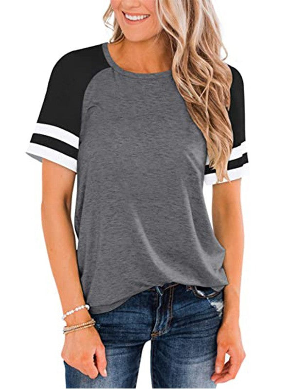 Women Stitch Striped Crew Neck Loose T-Shirt