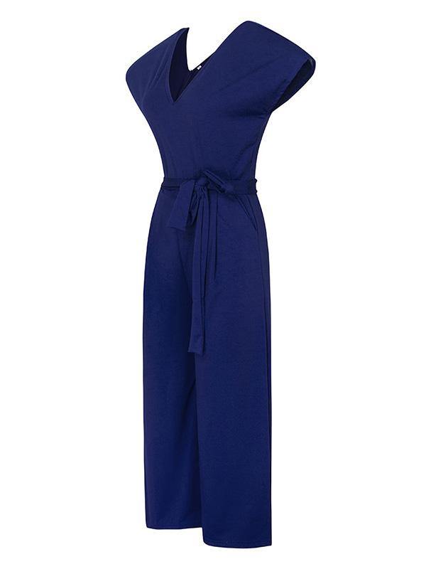 Women's Elegant  High Waist V-Neck Short Sleeve Jumpsuit Solid Color - CHALIER
