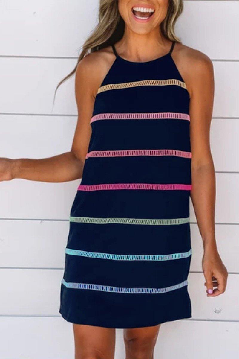 Women's Cotton Casual Rainbow  Pinstripe Midi Slip Dress - CHALIER
