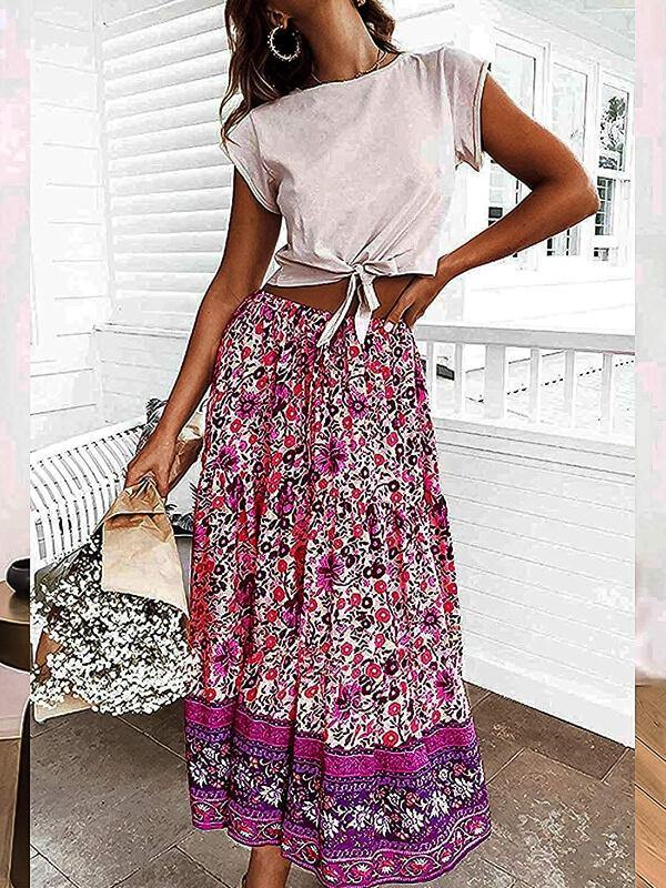 Women's A Line Maxi Skirt Bohemian Floral Printed Elastic Waist Skirt - CHALIER