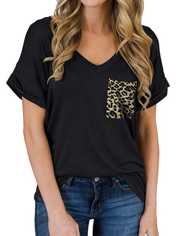 Ladies Leopard V-Neckline Short Sleeve Casual T-Shirt - CHALIER