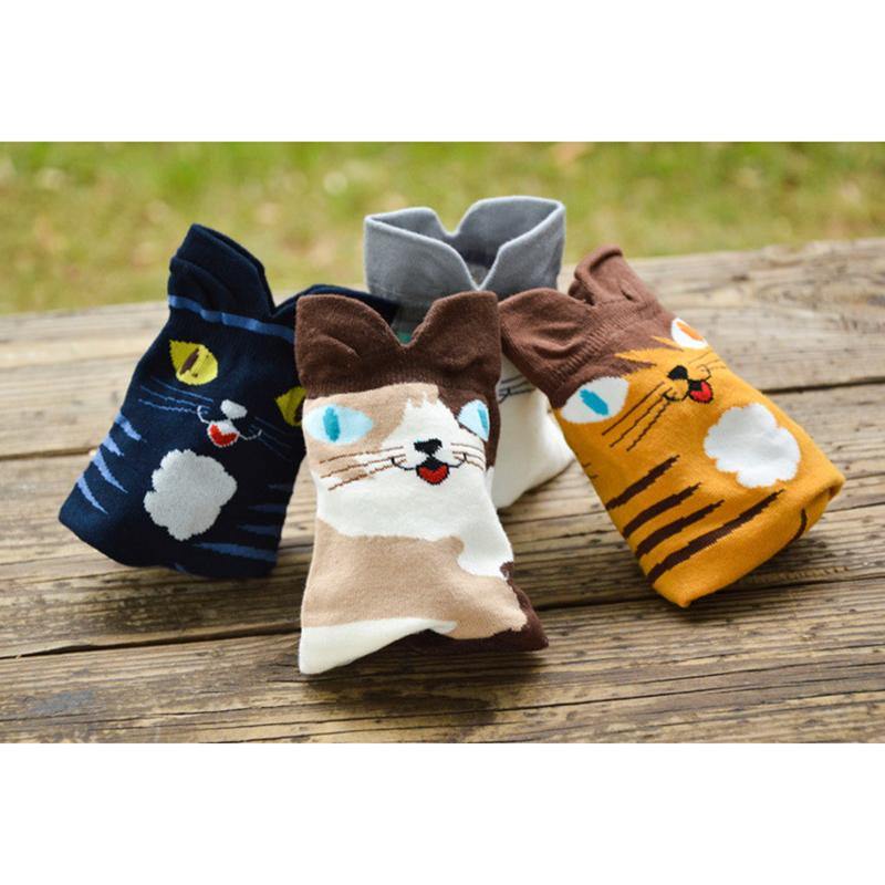 Womens Cute Stretch Breathable Funny Socks Soft Warm Animals Crew Socks Cat Pattern 4 pairs - CHALIER