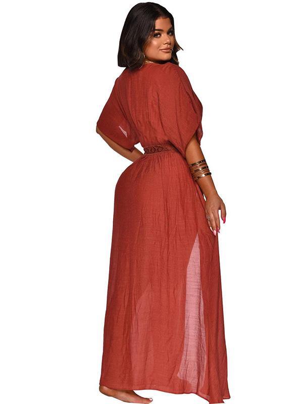 Women's Sexy Holiday Maxi Dress Beach Tthin Cotton and Linen Cardigan Slit Dress Plus Size - CHALIER