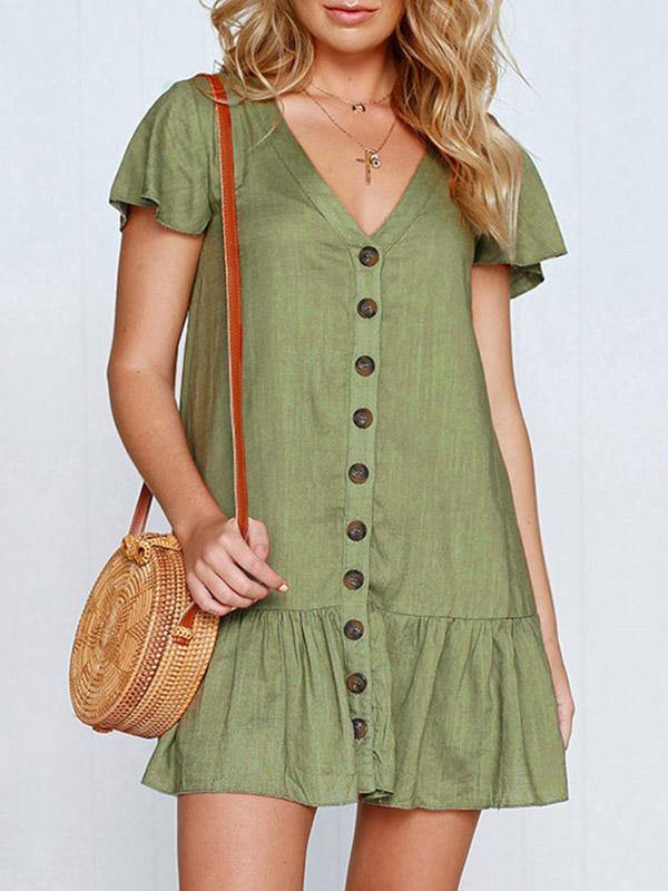 Women's Cotton and Linen Solid V-neck Loose Breathable Short Dress with Buttons - CHALIER
