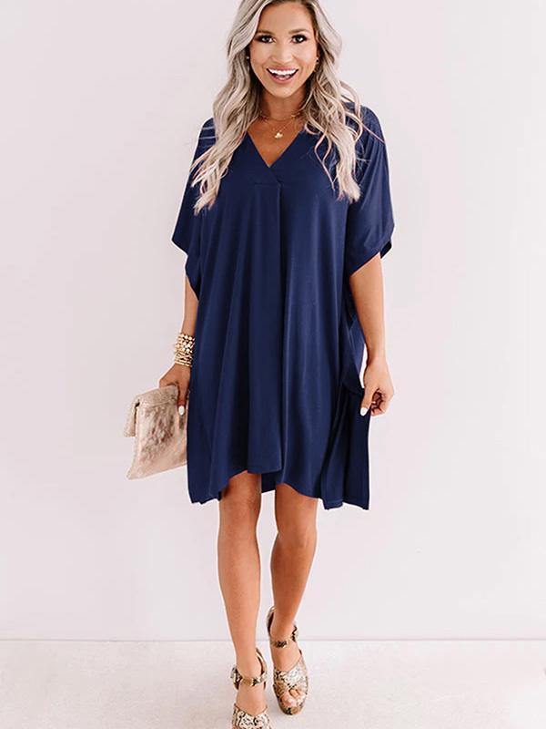 Women's Dresses Casual V-neck Short Sleeve Loose Knee-length T-shirt Mini Dress - CHALIER