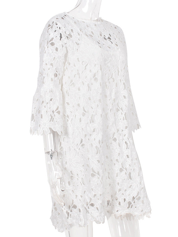 Women's Floral Lace Dress Crew Neck White Mini Dress Two Piece