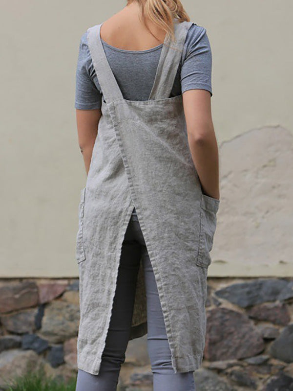 Womens Cotton Linen Loose Apron Pinafore Dress Square Neck Plus Size