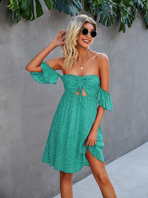 Women's Sexy Strapless Backless Dress Vintage Polka Dots Summer Midi Dress - CHALIER