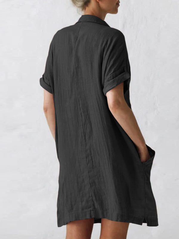 Women's Cotton Linen Asymmetrical Mini Dress Plus Size Casual Shirt Dress Half Sleeve