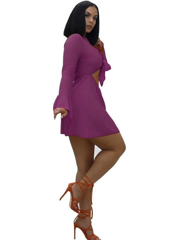 Women's Sexy Ultra-thin Beach Mini Dress Long Sleeve V-Neck Bowknot - CHALIER