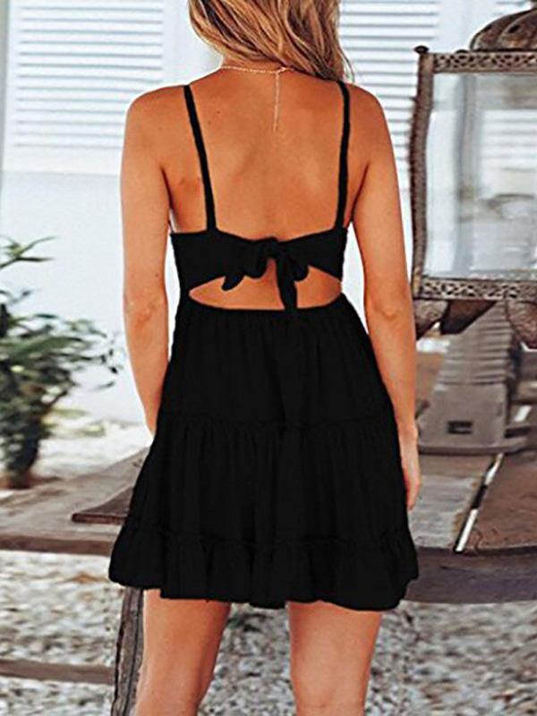 Women's Sexy Lace Slip Dress Triangle Backless Bowknot High Waist Mini Dress - CHALIER