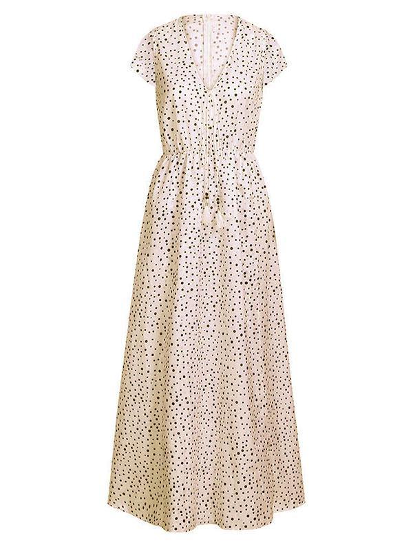 Polka Dots Short Sleeve V-Neck Boho Maxi Dress Holiday - CHALIER
