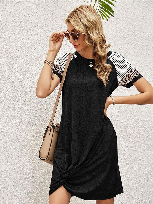 Women's Casual Leopard Printed Short Sleeved T-shirt Pocket Asymmetrical Dress - CHALIER