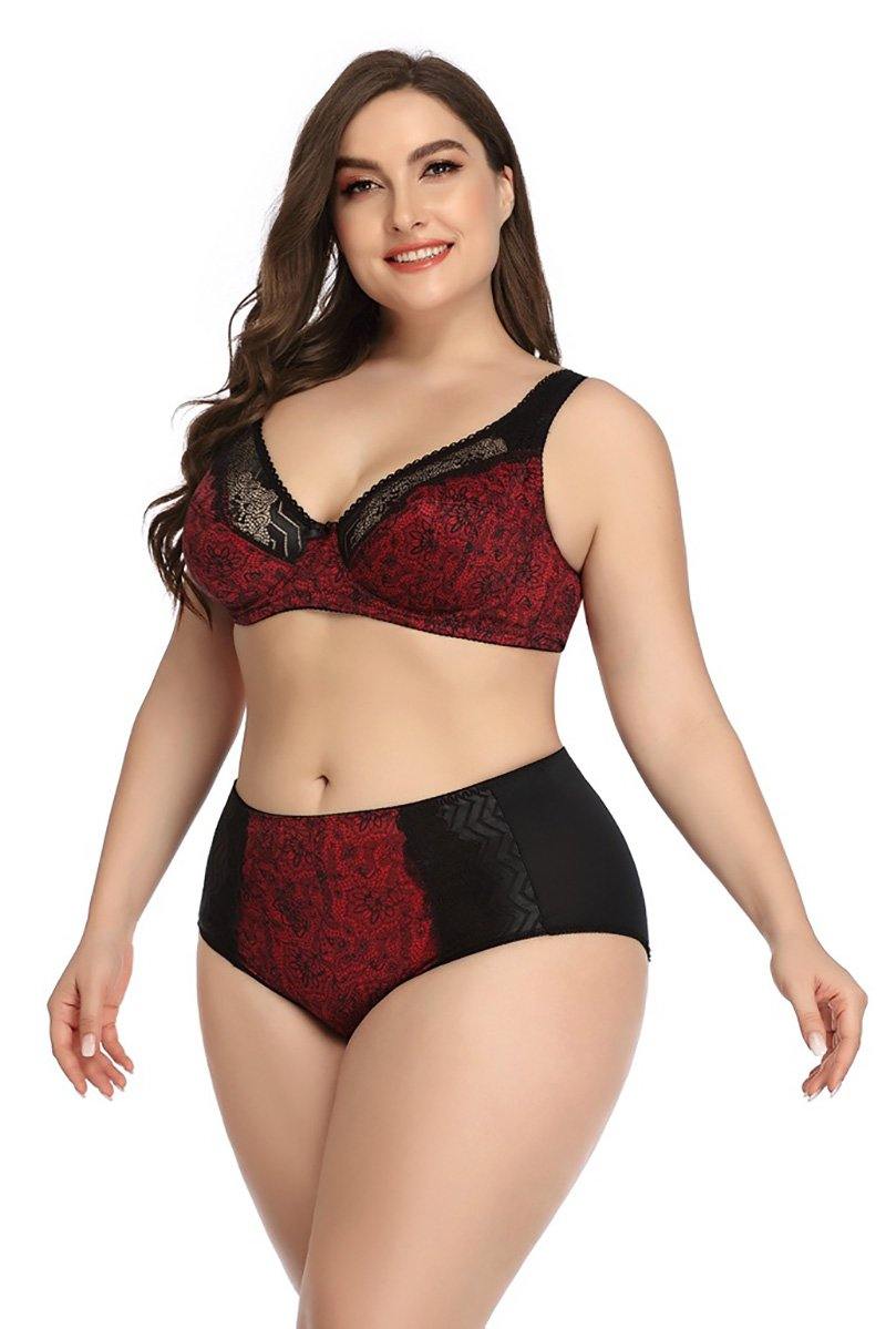 Chalier Plus Size Women's Bra Floral Printed Lace Lingerie Sets D Cup - CHALIER