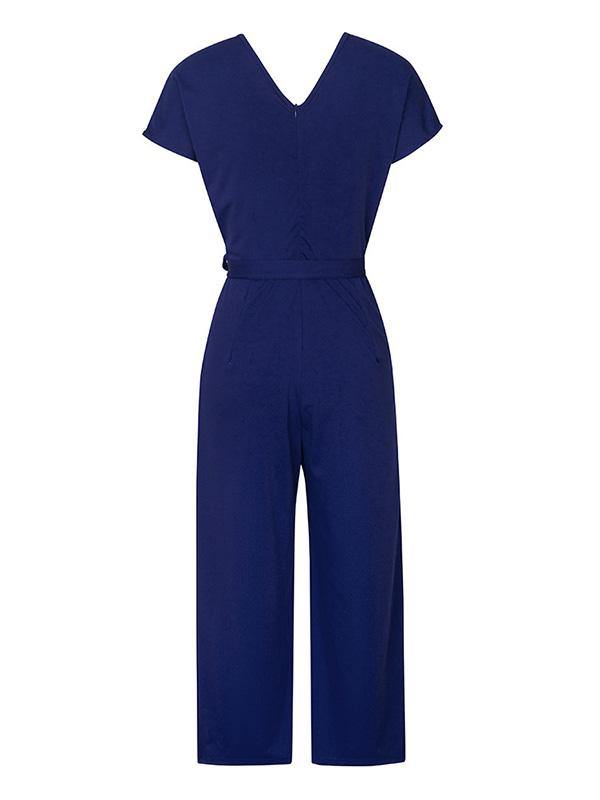 Women's Elegant  High Waist V-Neck Short Sleeve Jumpsuit Solid Color - CHALIER