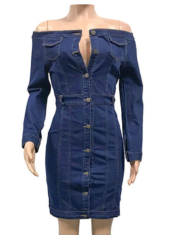Women's Sexy Casual Denim Bodycon Dress Off Shoulder Long Sleeve Sheath Dress Plus Size - CHALIER